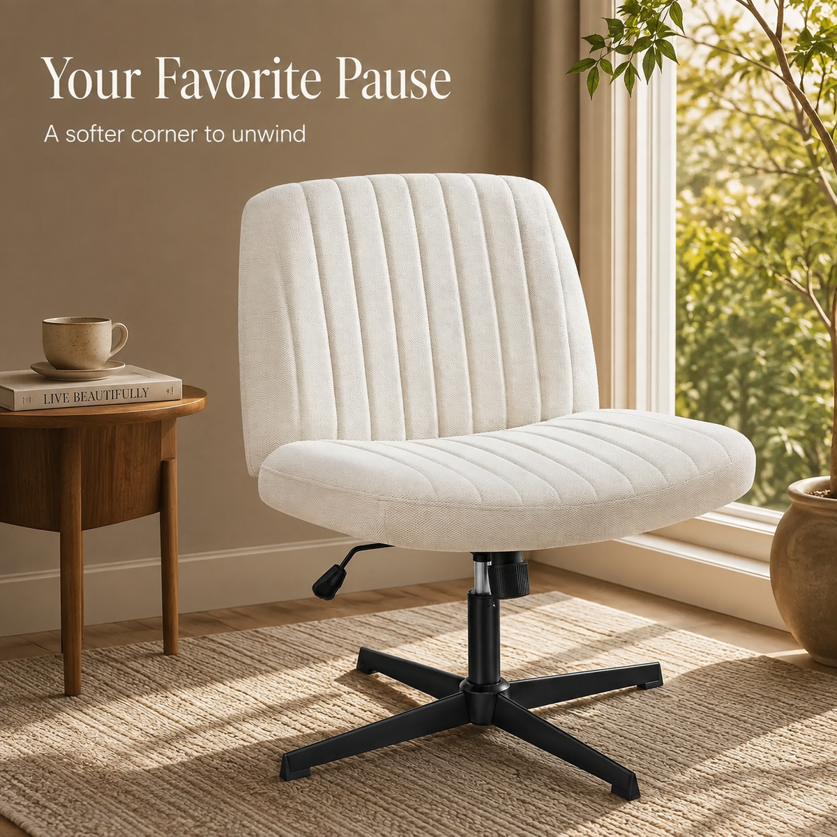 White Viva Oslo cross-leg chair in a serene sunlit reading corner