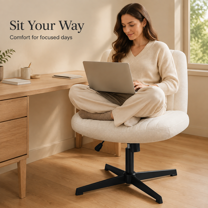 Woman sitting cross-legged on the white Viva Oslo swivel chair while working from home