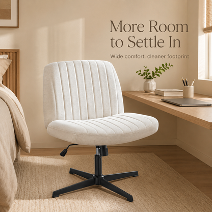 White armless Viva Oslo cross-leg chair in a compact bedroom workspace