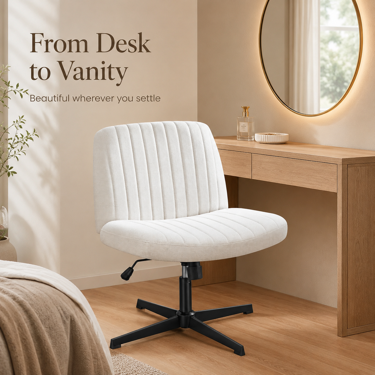 White Viva Oslo armless swivel chair styled at a warm bedroom vanity