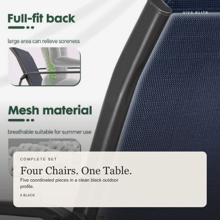 Viva Elite black outdoor furniture set four chairs and one table complete set graphic