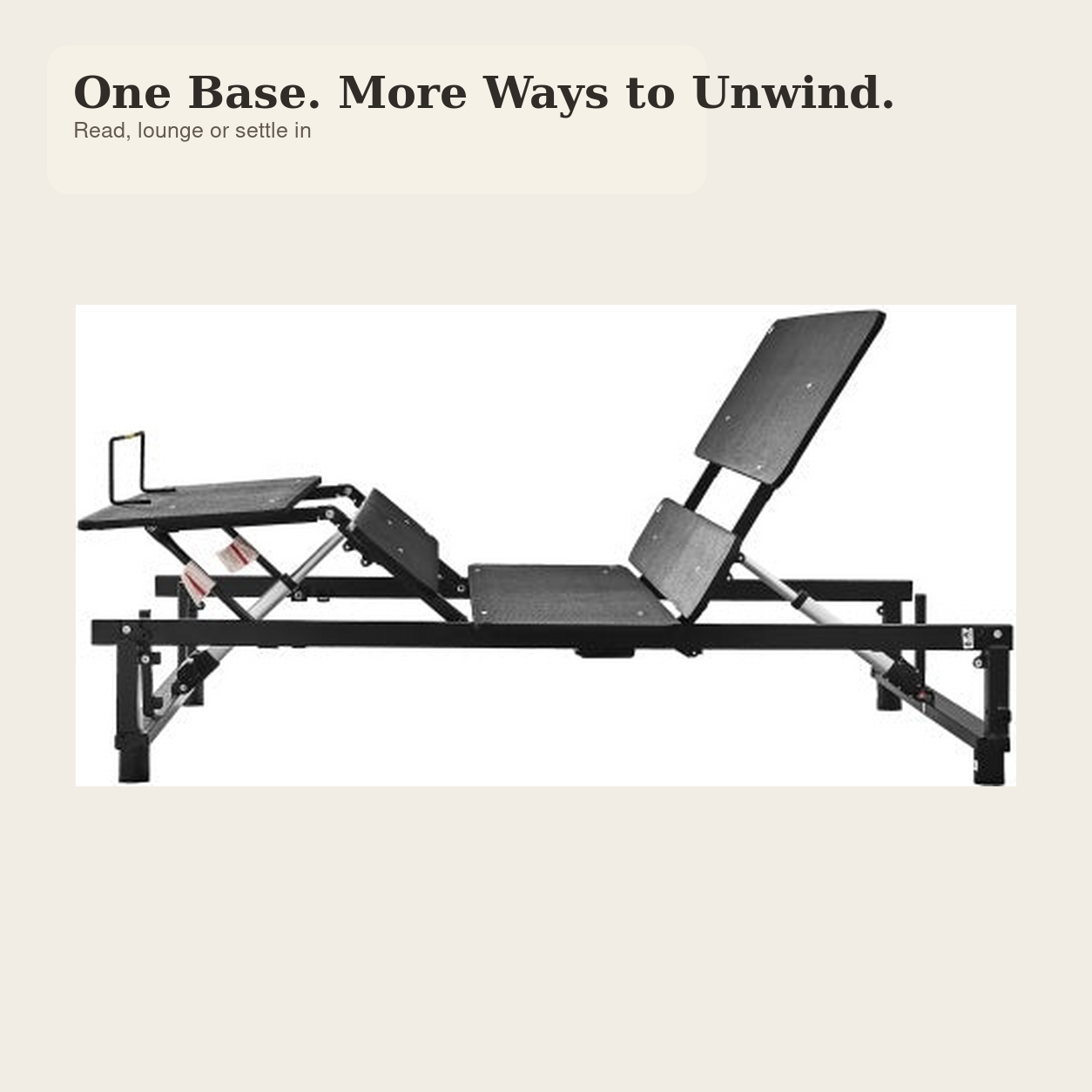 Antique black adjustable bed base with head and foot sections raised