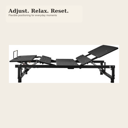 Adjustable bed base showing flexible head and foot positioning