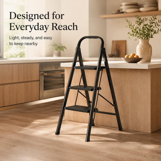 Viva Elite black 3-step folding stool in a warm modern kitchen