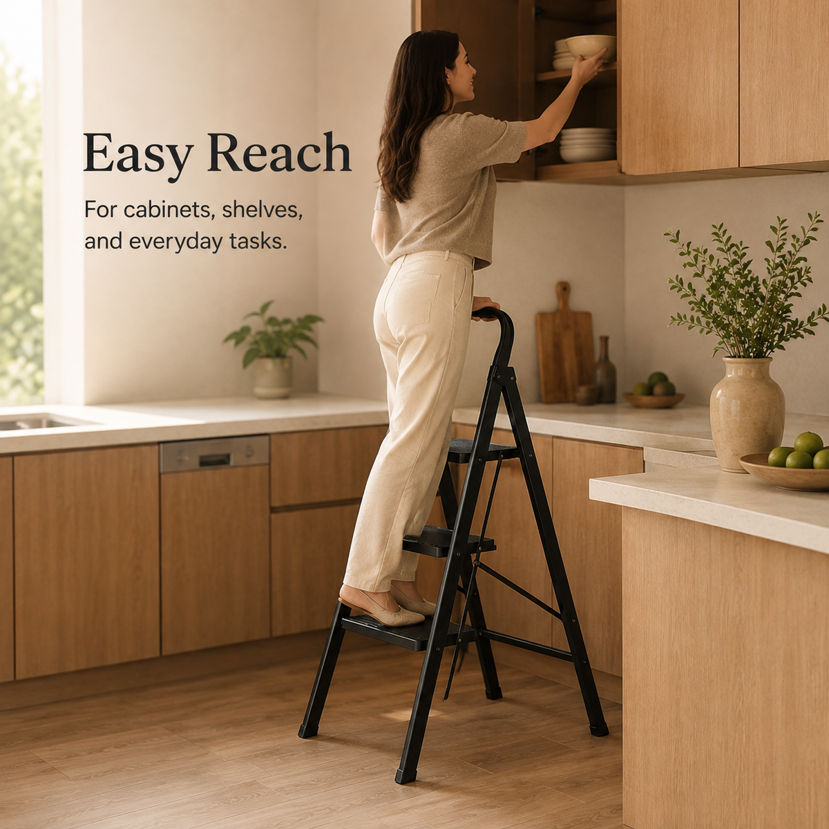 Woman using the Viva Elite black 3-step folding stool to reach a kitchen cabinet
