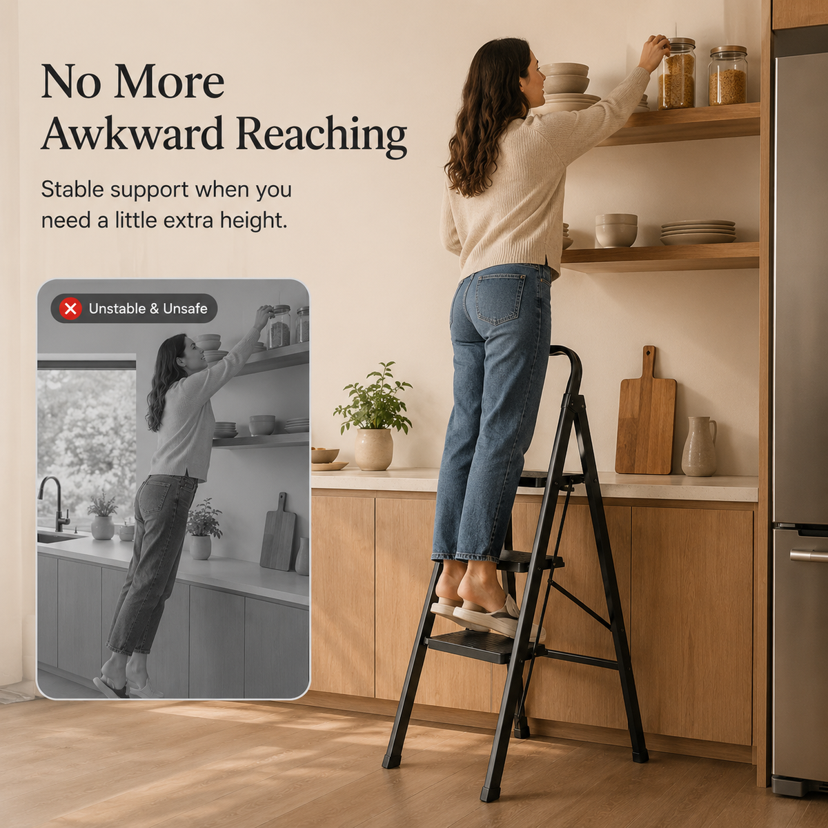 Viva Elite black 3-step stool providing stable support for hard-to-reach kitchen shelves
