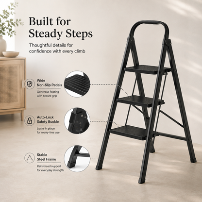 Close-up feature details of the Viva Elite black 3-step folding stool