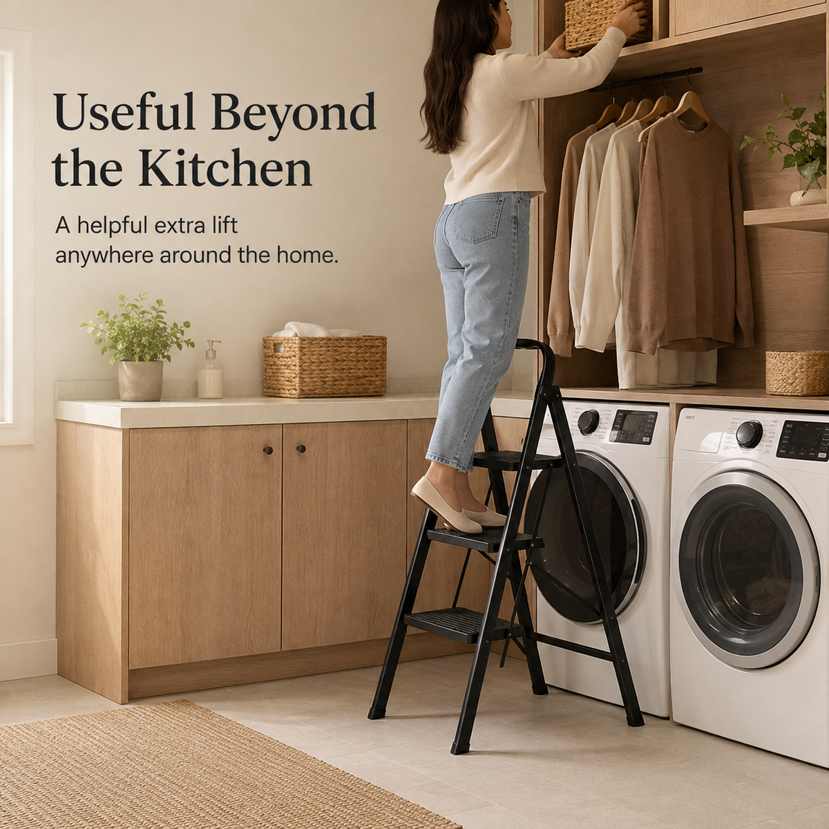 Woman using the Viva Elite black 3-step stool in a laundry and closet area