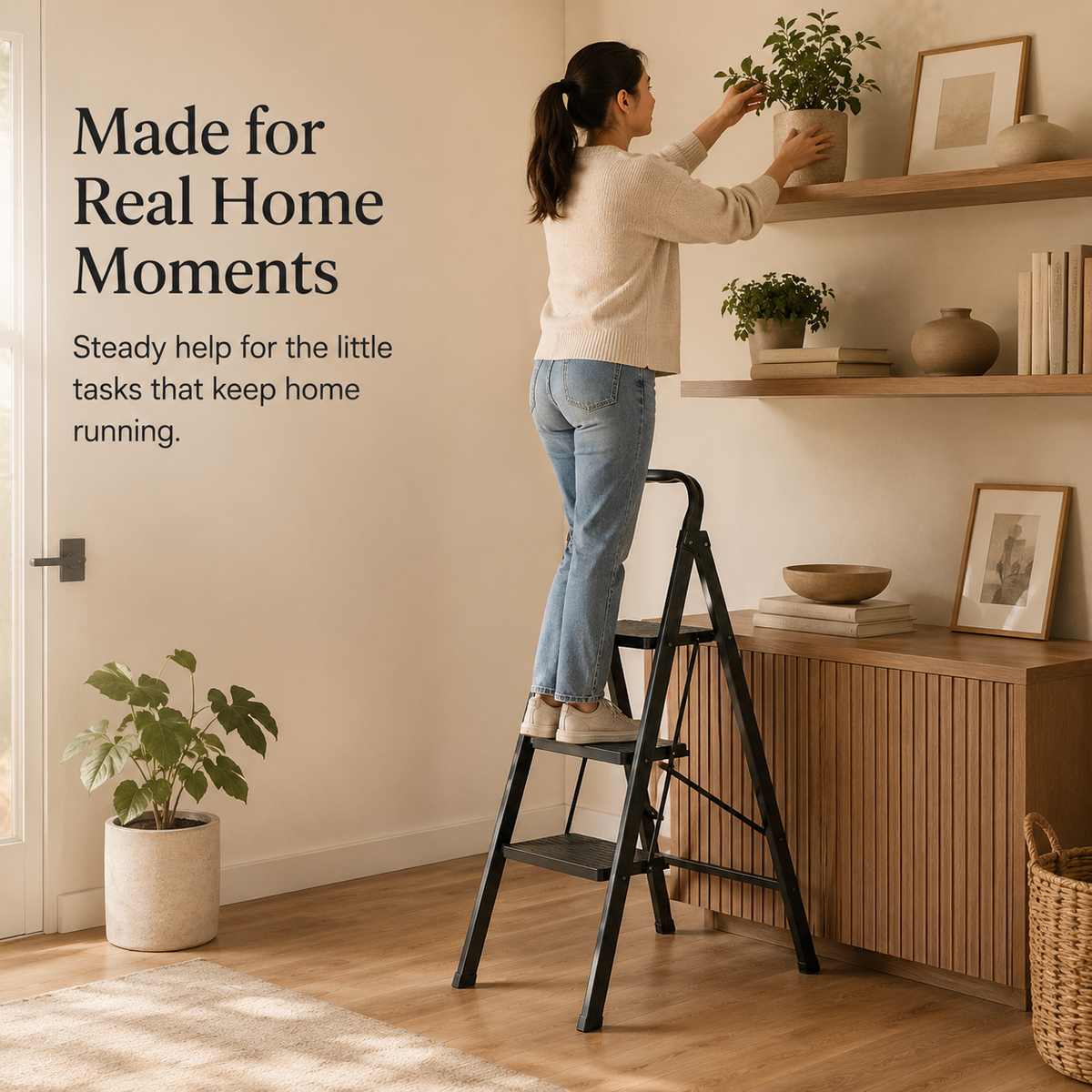 Woman using the Viva Elite black 3-step folding stool for everyday home tasks