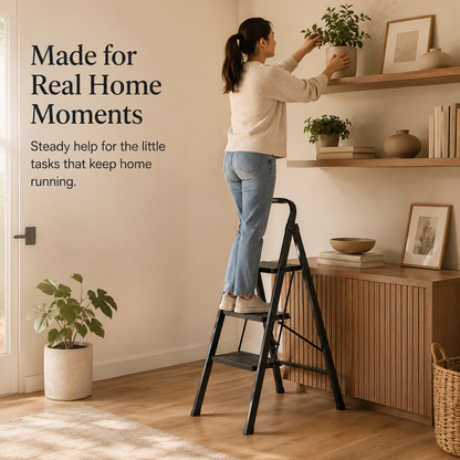 Woman using the Viva Elite black 3-step folding stool for everyday home tasks
