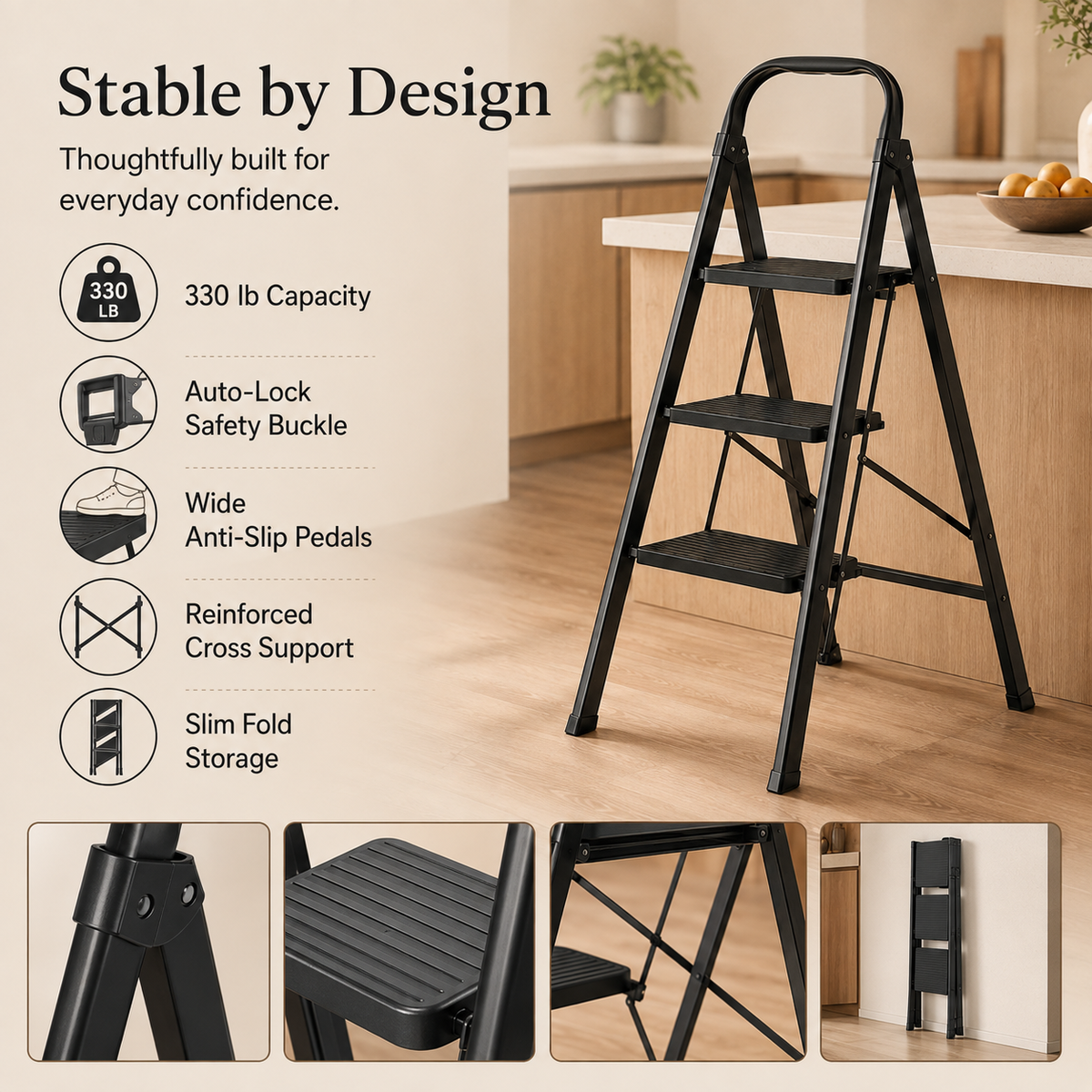 Stability and construction details of the Viva Elite black 3-step folding stool