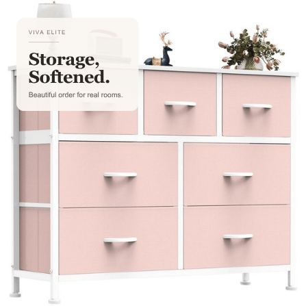 Viva Elite Pink 7-drawer fabric storage tower hero lifestyle graphic