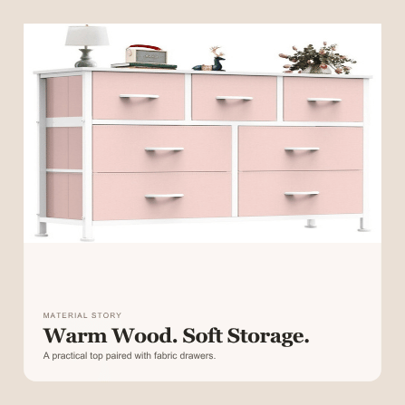 Viva Elite Pink 7-drawer fabric storage tower wooden top and fabric drawer detail graphic