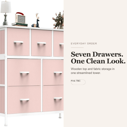 Viva Elite Pink 7-drawer fabric storage tower seven-drawer wooden-top trust graphic