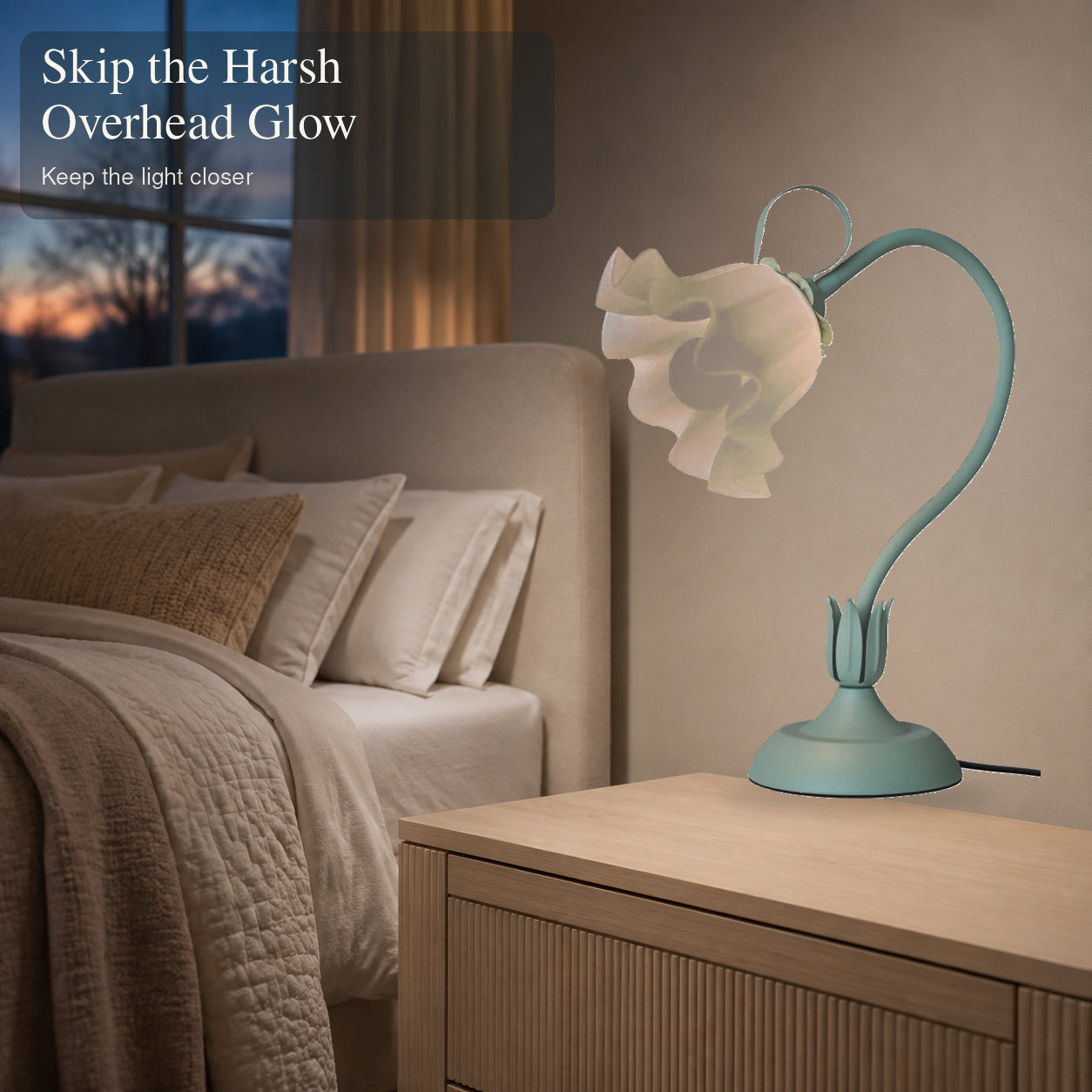 Vintage flower lamp creating a closer bedside glow