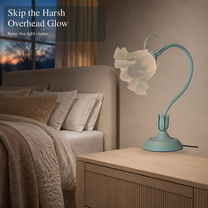 Vintage flower lamp creating a closer bedside glow