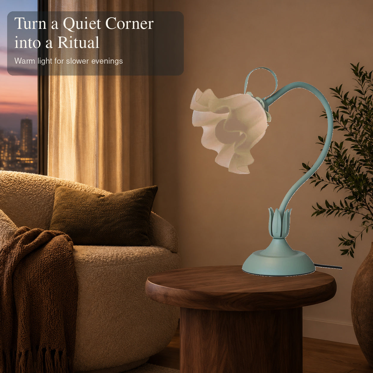 Vintage flower lamp in a calm evening reading corner
