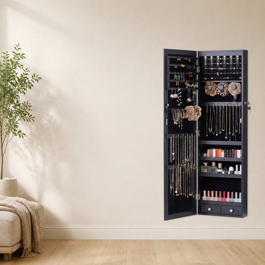 Black wall-mounted jewelry armoire with full-length mirror door open and six interior LED lights