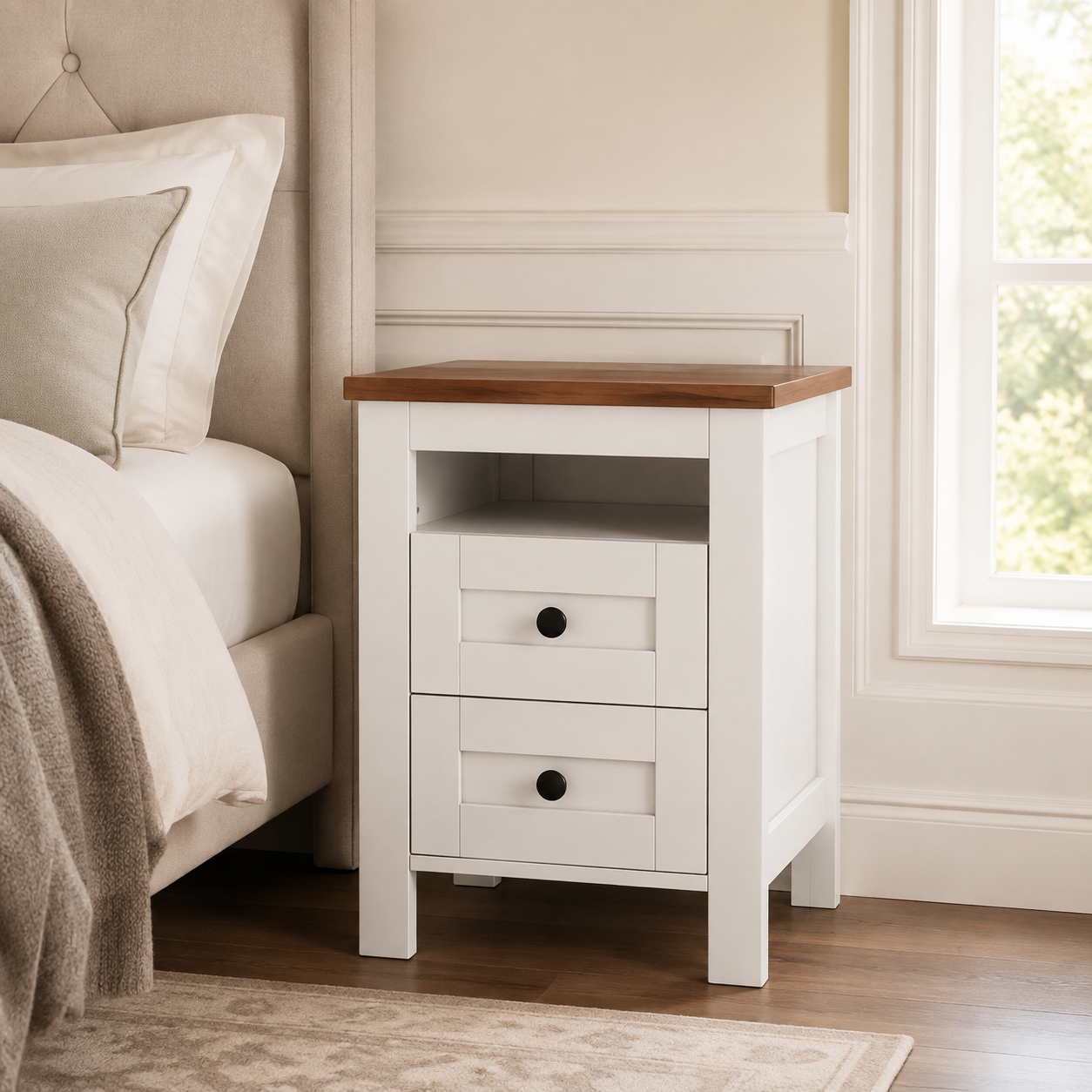 White modern bedside table premium bedroom hero