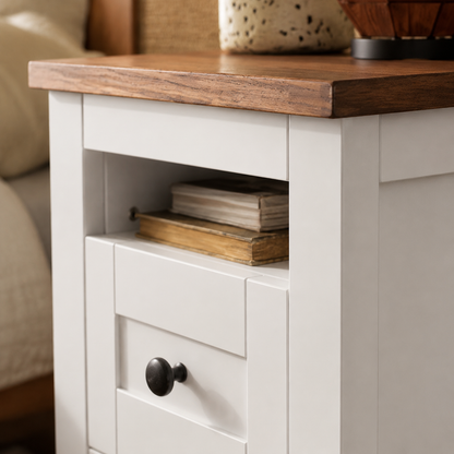 White bedside table wood top and black knob detail