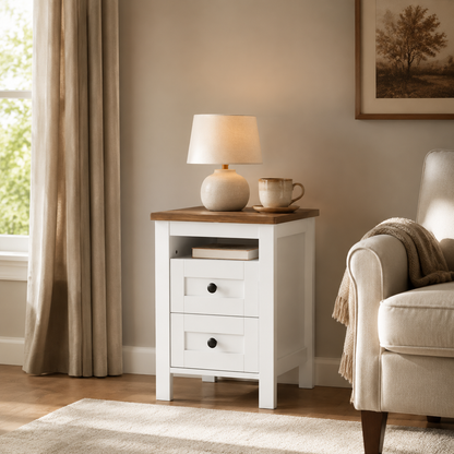 White bedside table in reading corner