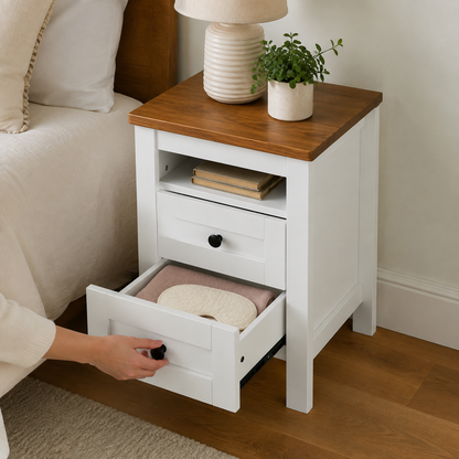 White bedside table open drawer storage