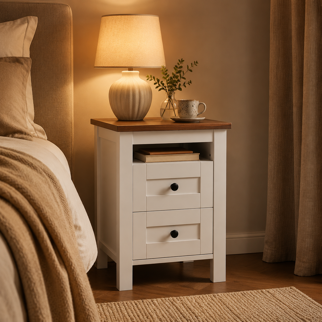 White bedside table warm evening lifestyle