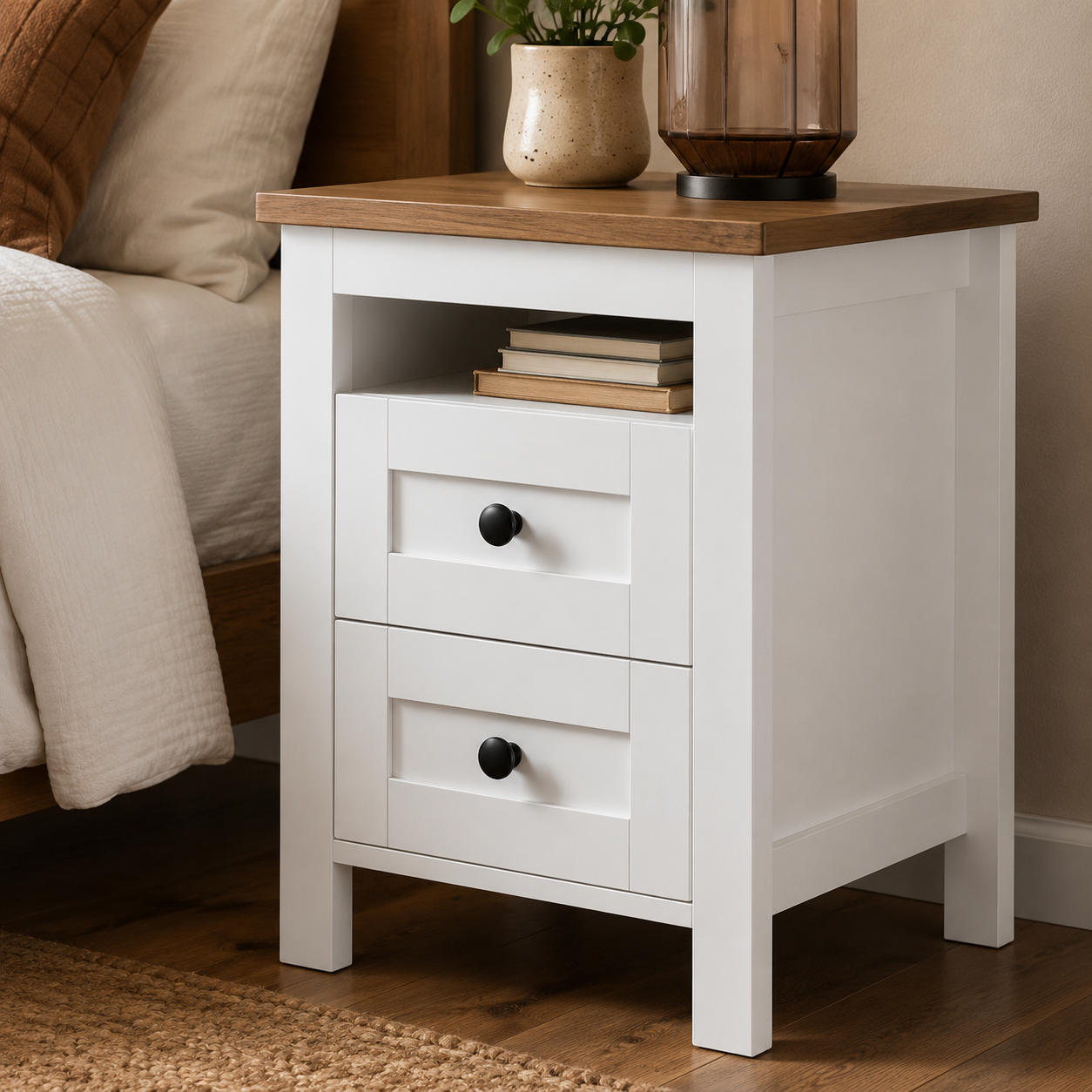 White bedside table construction and stability view
