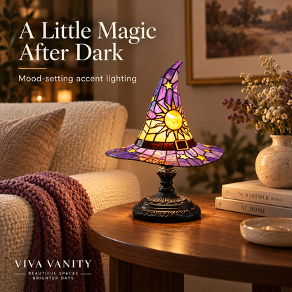Witch hat accent lamp on a warm walnut side table with ivory sofa and mood-setting glow