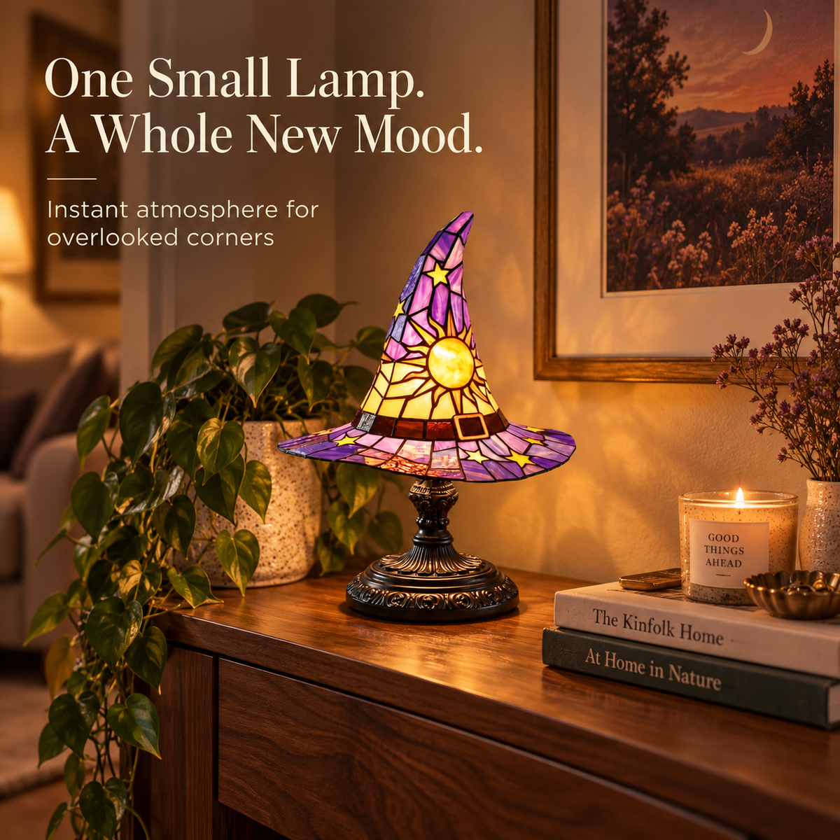 Witch hat accent lamp transforming a cozy walnut console corner with warm ambient light