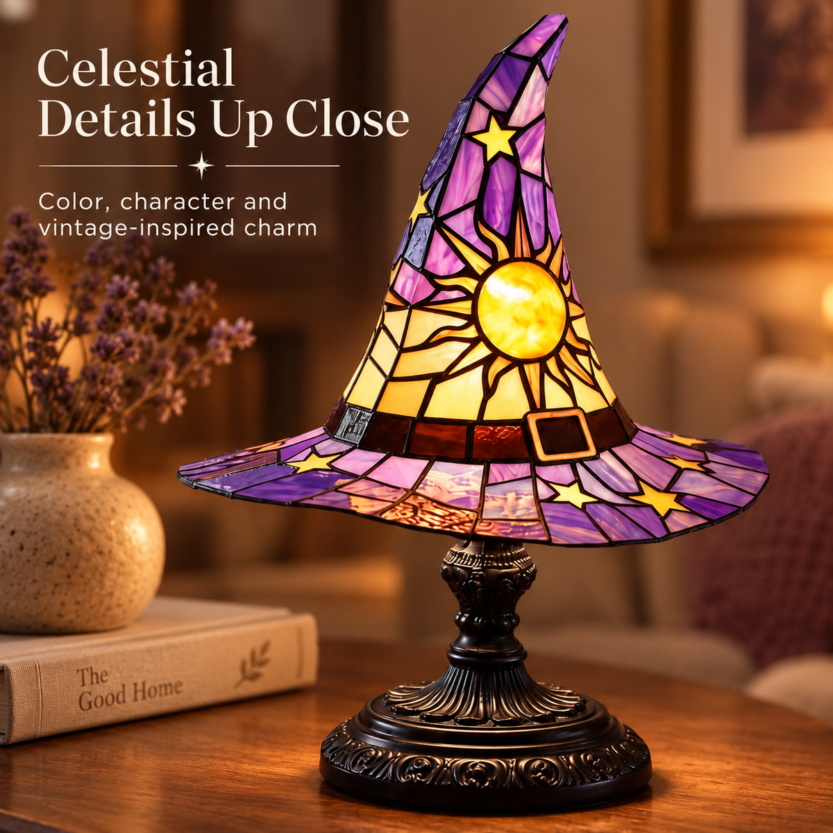 Close-up of the witch hat lamp showing purple stained-glass-style panels sun motif and ornate base