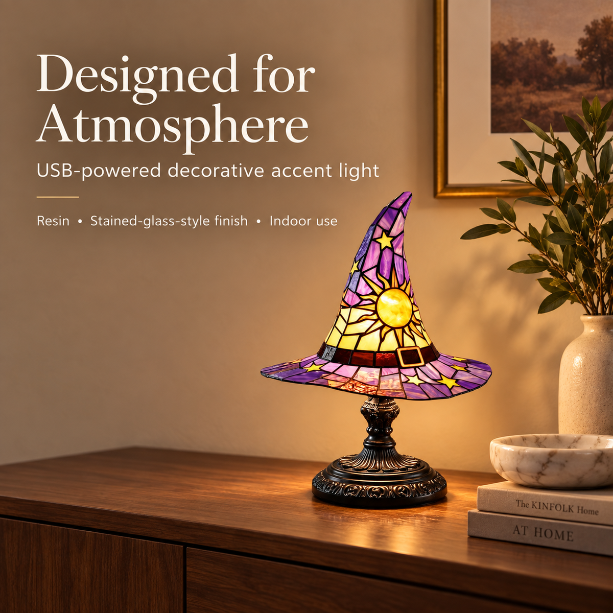 Witch hat decorative accent light on a walnut console with trust-focused product details