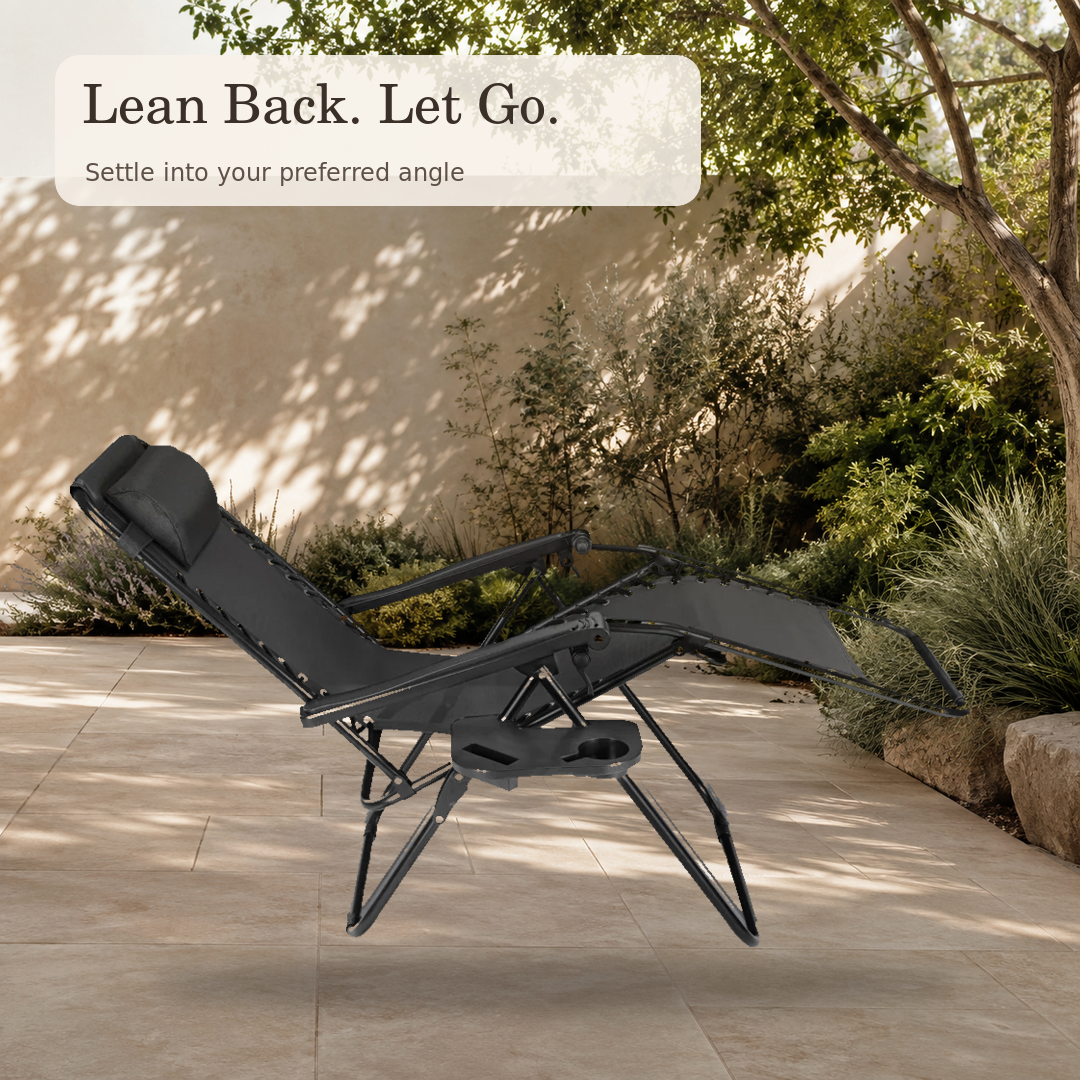 Black zero gravity recliner adjusted to a relaxed lounge position