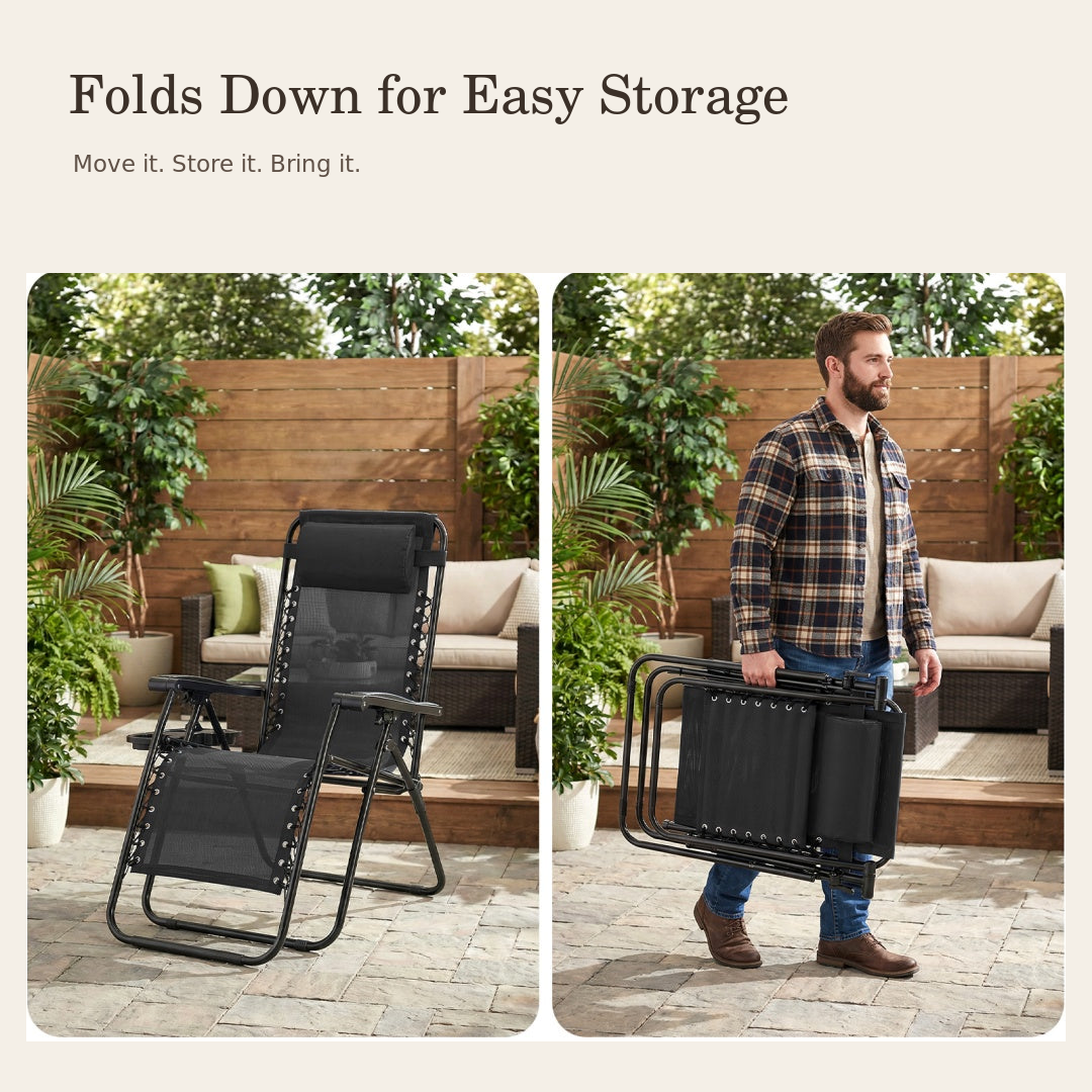 Zero gravity recliner shown open and folded for carrying and storage