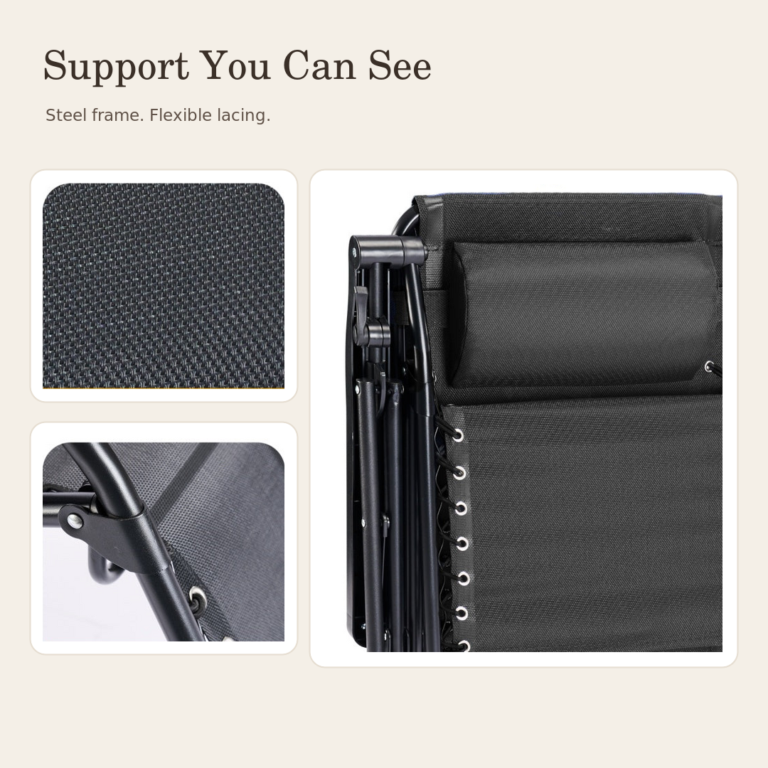 Close details of breathable mesh, steel frame, and flexible chair lacing