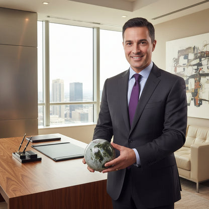 Business executive with green marble sphere on luxury office desk - professional workspace styling
