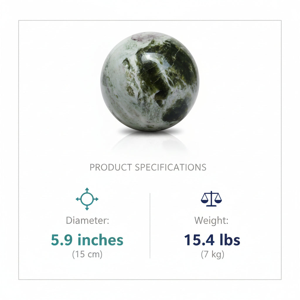 Green marble sphere on a stand with a blurred background