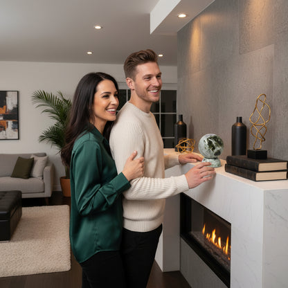Professional couple admiring natural marble sphere in modern kitchen - sophisticated home accent piece