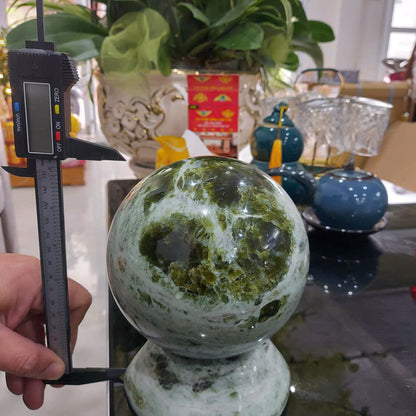 Vietnamese Green Marble Sphere - Size Verification with Caliper - Hand-Polished Stone